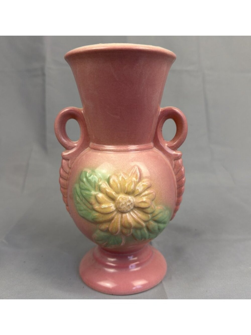 Vintage Hull USA Pink Sunglow Floral Double Handle Urn Vase Cottagecore